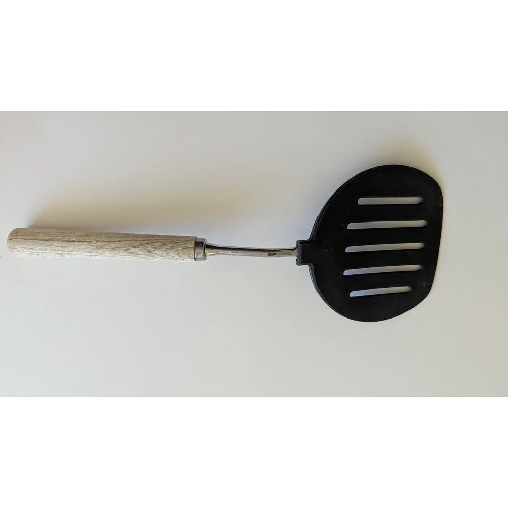 Vintage Slotted Spatula Wood Handle Black Nylon Head Made in Japan 11.5 Inch